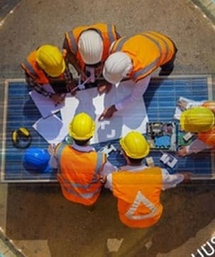 A group of people in hard hats and safety vests.